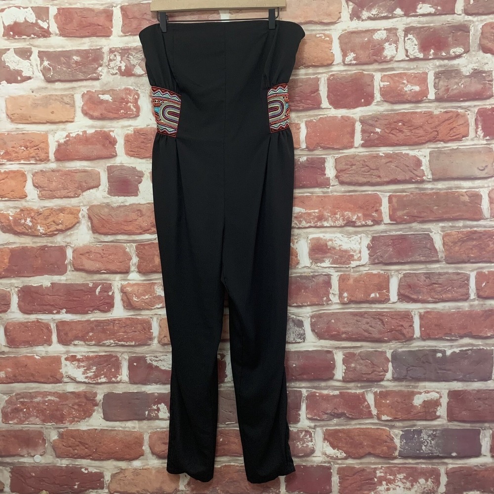 Bisou Bisou Pants Jumpsuit Women's L Black Multicolor Boho Beaded Strapless